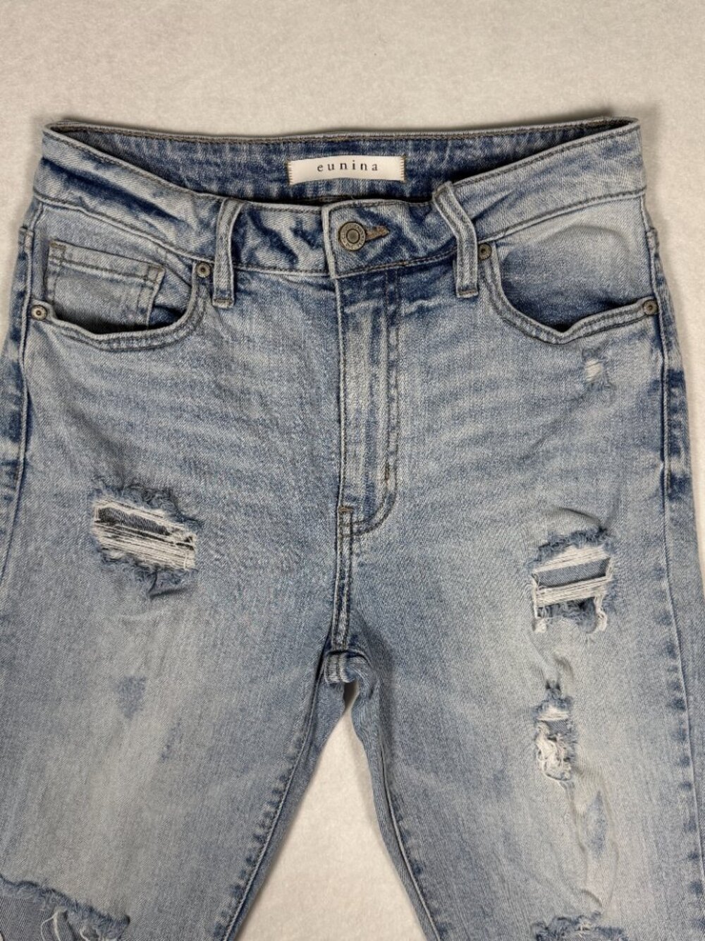 Eunina High Rise Distressed Skinny Jeans Light Wash Blue Denim Size 27 Inseam - Picture 2 of 15